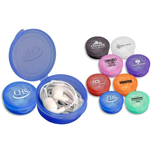 Earbuds in Round Plastic Case